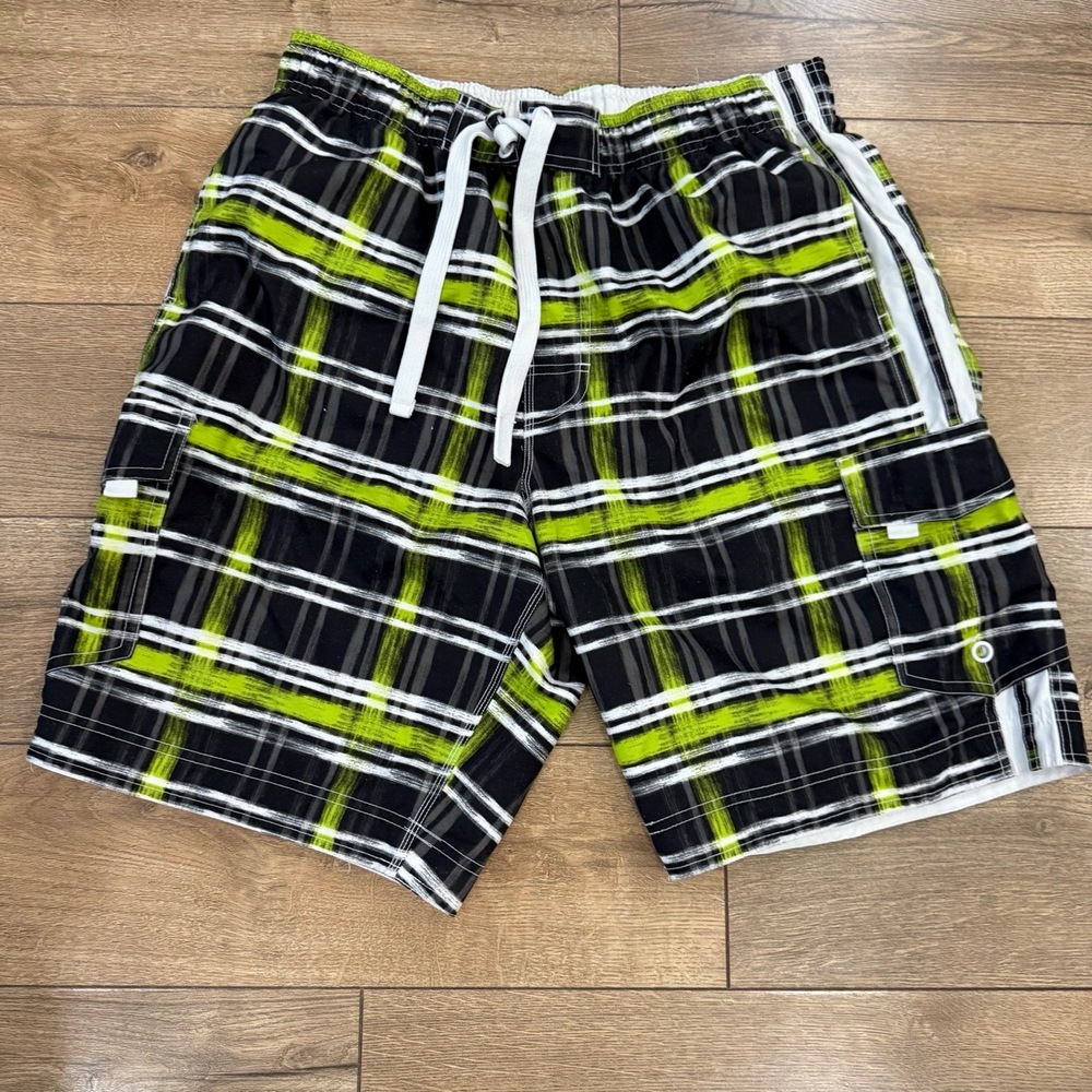 Wave Zone Shorts Mens Large‎ Black Green Plaid Cargo Board Elastic Drawstring